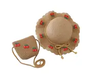 Cherry Decor Lace Trim Wide Brim Hat Bag Set Baby Girls Breathable Straw Hat Handbag Clothing Accessories Khaki