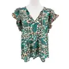 House of Harlow 1960 Womens Flutter Sleeve Cotton Top in Turquoise Teal Brown