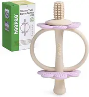 haakaa Silicone Twin Flower Teether,Nipple-Shaped End for Gum Massage,360° Baby Toothbrush Head for Self-Brushing Training,Easy to Grip- Lavender