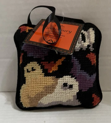 Vintage Needlepoint Needlework Halloween Ghosts Handle Decoration Hanging Pillow