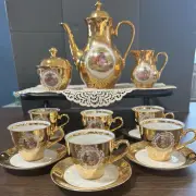 Vintage Bavarian Germany Gold Plated Painted 17 Piece Complete Porcelain Tea Set