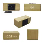 J Wooden Digital Alarm Clock With Wireless Charging 3 Alarms LED Display Sound
