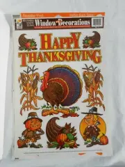 Vintage Color Static Clings Thanksgiving Turkey Pilgrim Jack O Lantern Window