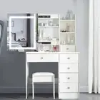 LED Dressing Table With Sliding Mirror & Stool 6 Drawers Vanity Makeup Desk Set
