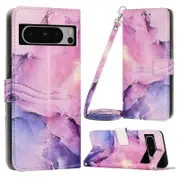 For Google Pixel 8 Pro Marble Pattern Flip Case Wallet Stand Phone Cover with Shoulder Strap