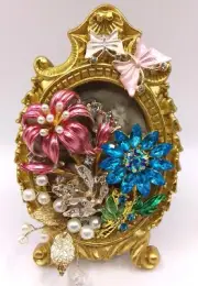JEWELRY ART- Beautiful Rhinestone Florals, and Butterflies in Gold Ornate Frame