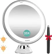 Auxmir 2025 Upgraded 20X Magnifying Mirror with Light, Makeup Mirror with 2-Level Lights, Vanity Mirror with Power Suction Cup and Tweezers, 360° Swivel, Portable Bathroom Mirror for Home Travel