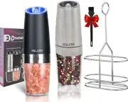 Black and Silver Set pepper mill grinder with blue light and stand, Salt and pep
