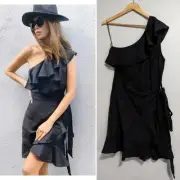 Decjuba Sz 14 Black Linen Blend Maya One Shoulder Dress NEW W Tags