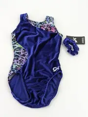 GK Elite Adult S AS Gymnastics Leotard Purple Velour Leopard +Scrunchie NWT
