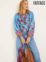 FatFace Sandy Bright Blue Balinese Floral 100% Cotton Blouse (E80132) | $114