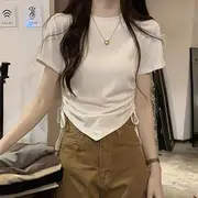 Short-Sleeve Round Neck Plain Asymmetrical Drawstring Crop Tee White - M