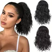 Short Ponytail Extensions Curl Drawstring Ponytail for Women, Black Drawstring Pony Tail Extensions for Women Synthetic Curly Short Ponytail Wavy Extensions (Natural black, 35cm)