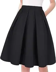 [Tandisk] Women's Vintage A-line Printed Pleated Flared Midi Skirt with Pockets