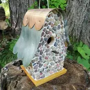 Amish BirdHouse Whimsical Stone Cottage Copper Arch Tin Roof Fairytale Nest 10"