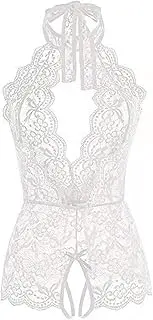 [Generic] Women Lace Teddy Bodysuit Deep V Cut Out One Piece Lingerie Sexy Halter Backless Babydoll Nightgown, White, Medium