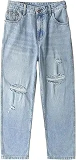 [Zylphorix] Men's Ripped Straight Mopping Jeans Y2K Wash Street Trousers with Holes Casual Wide Leg Loose Denim Denim Pants, Light Blue, 29
