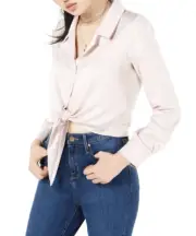 LOVE, FIRE Juniors' Button Front Tie Hem Cropped Shirt sz XL X-Large Pink Rose