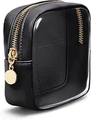 Wandering Nature Clear Makeup Bag for Purse Mini Make up Cute Cosmetic Bag Pouch for Women with Slip-in Pockets Travel Toiletry Essentials Eco Vegan Leather Organizer Bags(Patent Pending), Black,