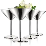 Peohud 4 Pack Stainless Steel Martini Glasses, 8 Oz Unbreakable Cocktail Glasses for Margarita, Manhattan, Champagne, Bar, Party, 18/8 Mirror Polished Finish, Shatterproof