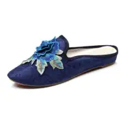 Retro Slippers 3D Embroidered Pointed Toe Flat Shoes Sandals Ethnic Party