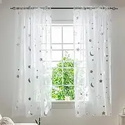 Star Moon Curtains for Kids Room Silver White Sheer Curtain 45 inch Length for Nursey Girls Bedroom - Rod Pocket Light Filtering Foil Print Voile Curtains for Boys Baby Shower, Set 2 Panels, 52x45