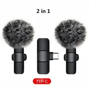 Wireless Lavalier Microphone Portable Audio Video Recording Mini Mic For iPhone Android Facebook Youtube Live Broadcast Gaming TypeC 2in1 hairball