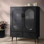 Oikiture Sideboard Buffet Cabinet with Pull Up Drawers, Glass Doors and 2 Tier Storage Cabinet Coffee Bar Table