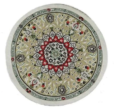 Dolls House Green Beige Circular Rug Miniature Round Turkish Woven Carpet Medium