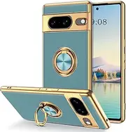 [ROUMAYMAY] for Google Pixel 8 Case with Ring Holder Kickstand, Soft Slim Thin TPU Shockproof Electroplated, Micro-Fibre Lining Anti-Scratch Protective Phone Case for Google Pixel 8 5G, Gray Green