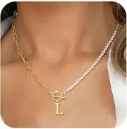 [Tasiso] Pearl Toggle Initial Necklaces for Women - Handmade Pearl Choker Necklace Paperclip Initial Necklace Dainty Pearl Jewelry for Mom Girlfriend Personalized Letter Necklace for Her