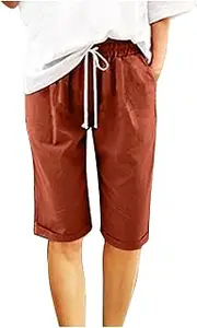 [Generic] Linen Bermuda Shorts for Women Plus Size Elastic Waist Drawstring Shorts 2025 Summer Knee Length Beach Vacation Pants
