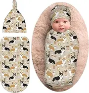 Corgi Newborn Swaddle Blanket with Hat Set Baby Stuff Receiving Blankets Soft Transition Sleep Sacks Gifts for Infant Boys Girls