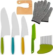 RVEFOT Kids Cooking Cutter Set Safe Reusable Plastic Toddler Kitchen Cutter Set with Wooden Cutter Serrated Cutter Potato Crinkle Cutter Gloves for Cutting Fruit Vegetable Dessert(Green)