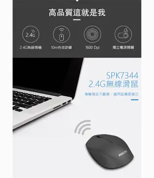 PHILIPS 飛利浦 2.4G無線滑鼠 SPK7344 無線滑鼠 滑鼠 (5.8折)