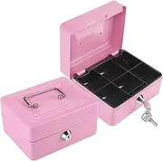 Mini Lockable Cash Box - Portable Money Safe with Tray, 6 Compartment Pink Box for Small Businesses(Pink)