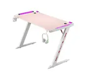 RGB Gaming Desk Home Office Carbon Fiber Led Lights Game Racer Computer PC Table Z-Shaped Pink