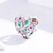 Solid 925 Sterling Silver Heart Colourful Floral Flower Pandora Inspired Charm
