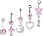 [BSJ4U] Belly Button Ring Gold Silver Dangle Navel Belly Rings for women 14G Surgical Stainless Steel Hypoallergenic Belly Button Piercing Pack Pink CZ Heart Butterfly Cross Star Moon Dangly Dangling