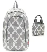 Grey & White Geometric Backpack W Matching Lunch Bag