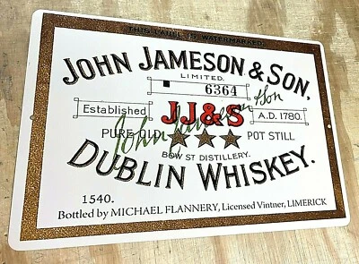 Jameson Whiskey Label Aluminum Metal Sign 12"x18"
