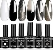 senvenski Black White Gel Nail Polish Kit - UV/LED Nail Art Set with Gunmetal Silver Grey Pewter Glitter Colors | Color Changing Cat Eye Magnetic Manicure Gift Kit for Women Salon Home Use (HS004)