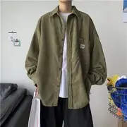 Corduroy Label Applique Button-Up Shirt Army Green - M