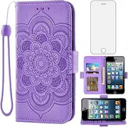 Asuwish Compatible with iPhone 5S 5 SE 2016 5SE Wallet Case and Tempered Glass Screen Protector Flip Card Holder Cell Phone Cover for iPhone5 iPhone5s iPhoneSE iPhone6se i 6SE iPhone5se Women Purple