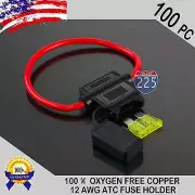 100 Pack 12 Gauge ATC In-Line Blade Fuse Holder 100% OFC Copper Wire + 1A - 40A
