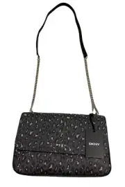 DKNY Black & Gray Leopard Print Silver Strap Crossbody Bag Purse NWT