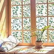 Window Stained Glass Film, Stained Glass Window Film, Window Privacy Films, Rainbow Glass Decals Stickers, Sun Blocking Window Clings for Home Office Living Room Window Door Decor (Leaves Plant)