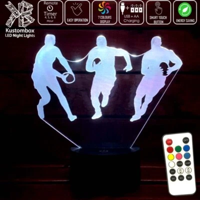 3 PLAYER RUGBY LEAGUE UNION Personalised 3D LED Night Light Colour Changing Lamp