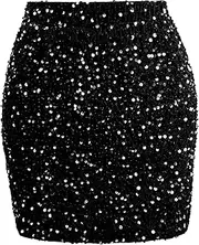 SESSRYMNIR Women's Black Sequin Skirt Sparkly Glitter Stretchy Elastic High Waist Bodycon Mini Skirts for Night Out Party