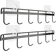 Yizhi Adhesive Wall Hooks Rack Kitchen Rail, Space Saving Utensil Holder No Drilling Wall Mounted Accessory Hanger with 6 Hooks for Kitchen Bathroom Bedroom Pack of 2 (Black)